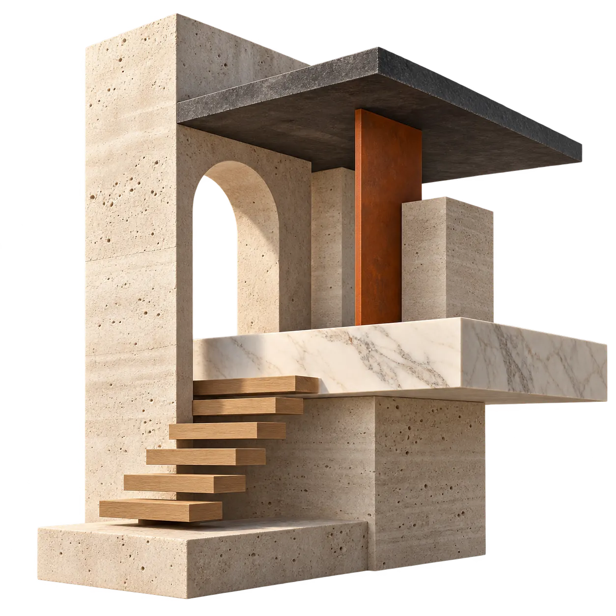 Architectural concept sculpture in stone, oak and charcoal