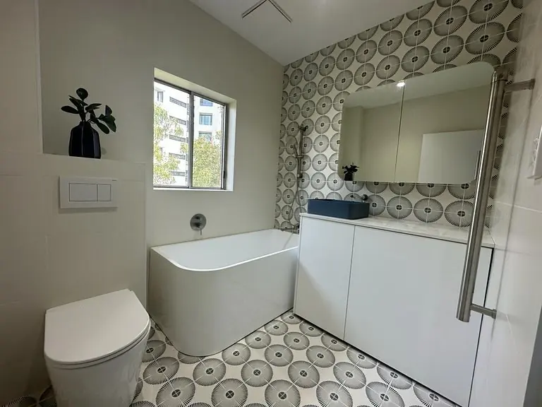 Completed Manly bathroom with patterned tiles