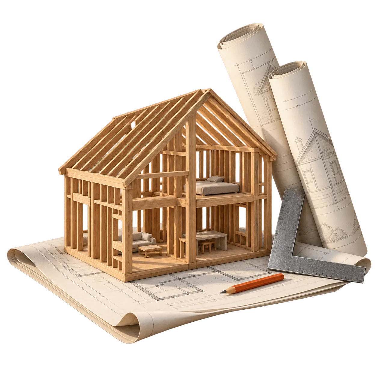 Timber home framework model with building plans and a carpenter square
