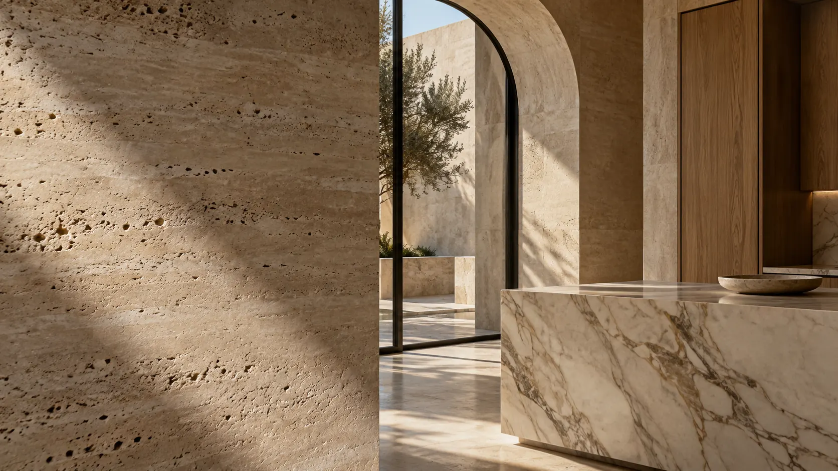Concept study of travertine, marble and warm natural light